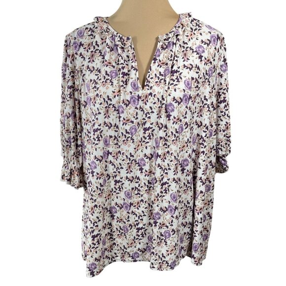 New Melloday Floral Top Blouse Purple Pink Size 1X Stretch - Picture 1 of 9